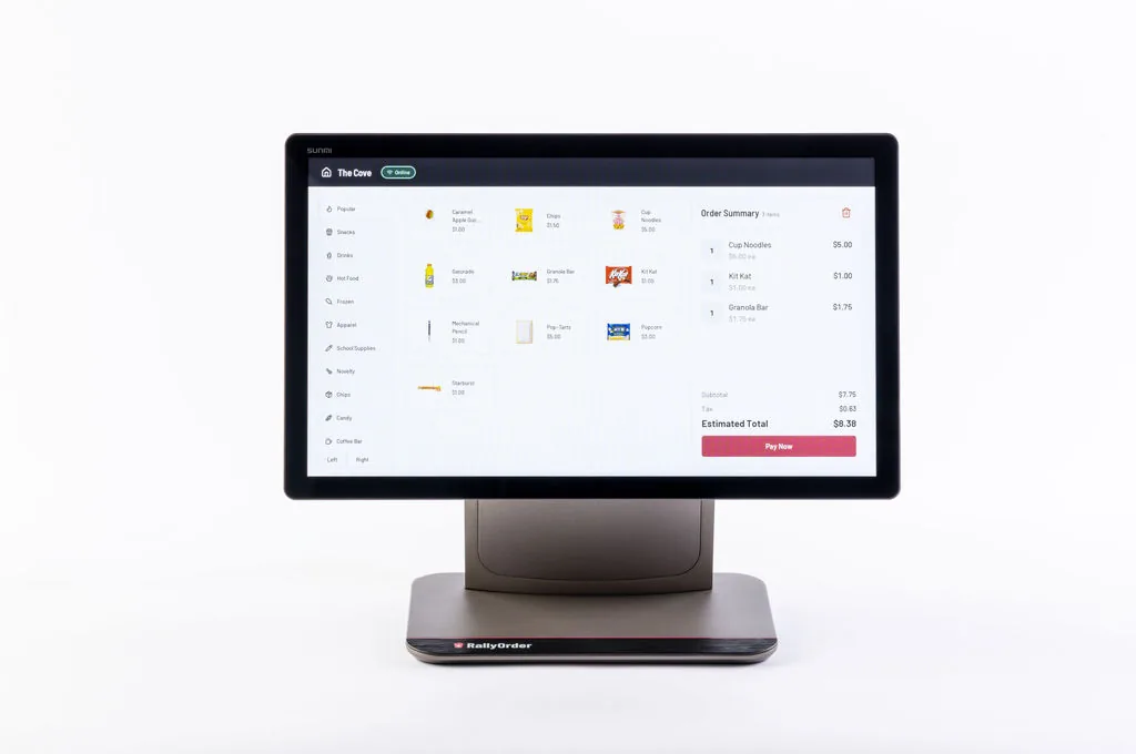 RallyOrder Pro dual-screen POS running the checkout